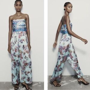 Zara Blue Floral Strapless Jumpsuit
